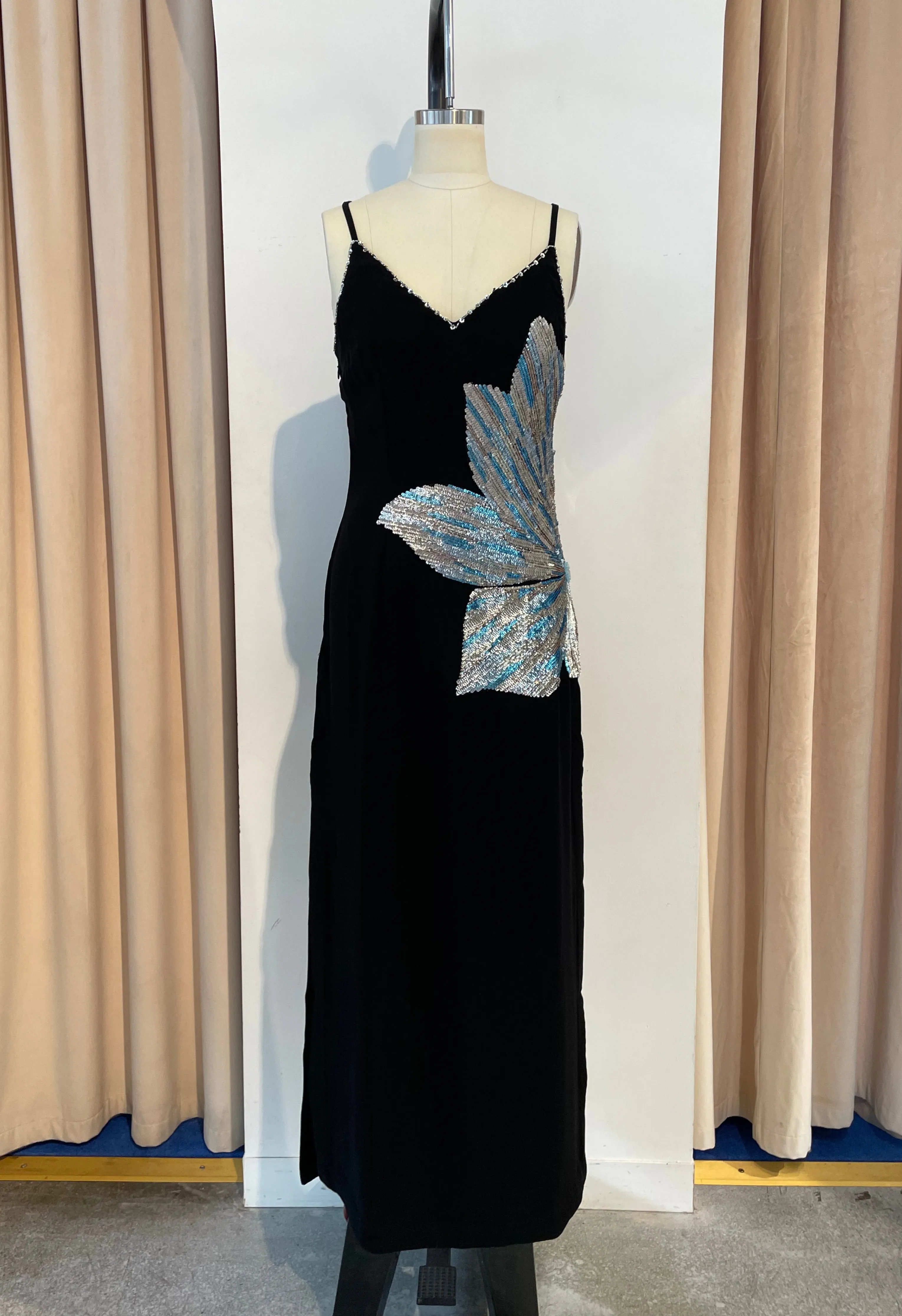 Side Floral Long Black Dress
