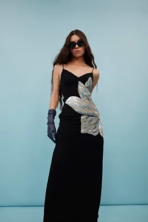 Side Floral Long Black Dress