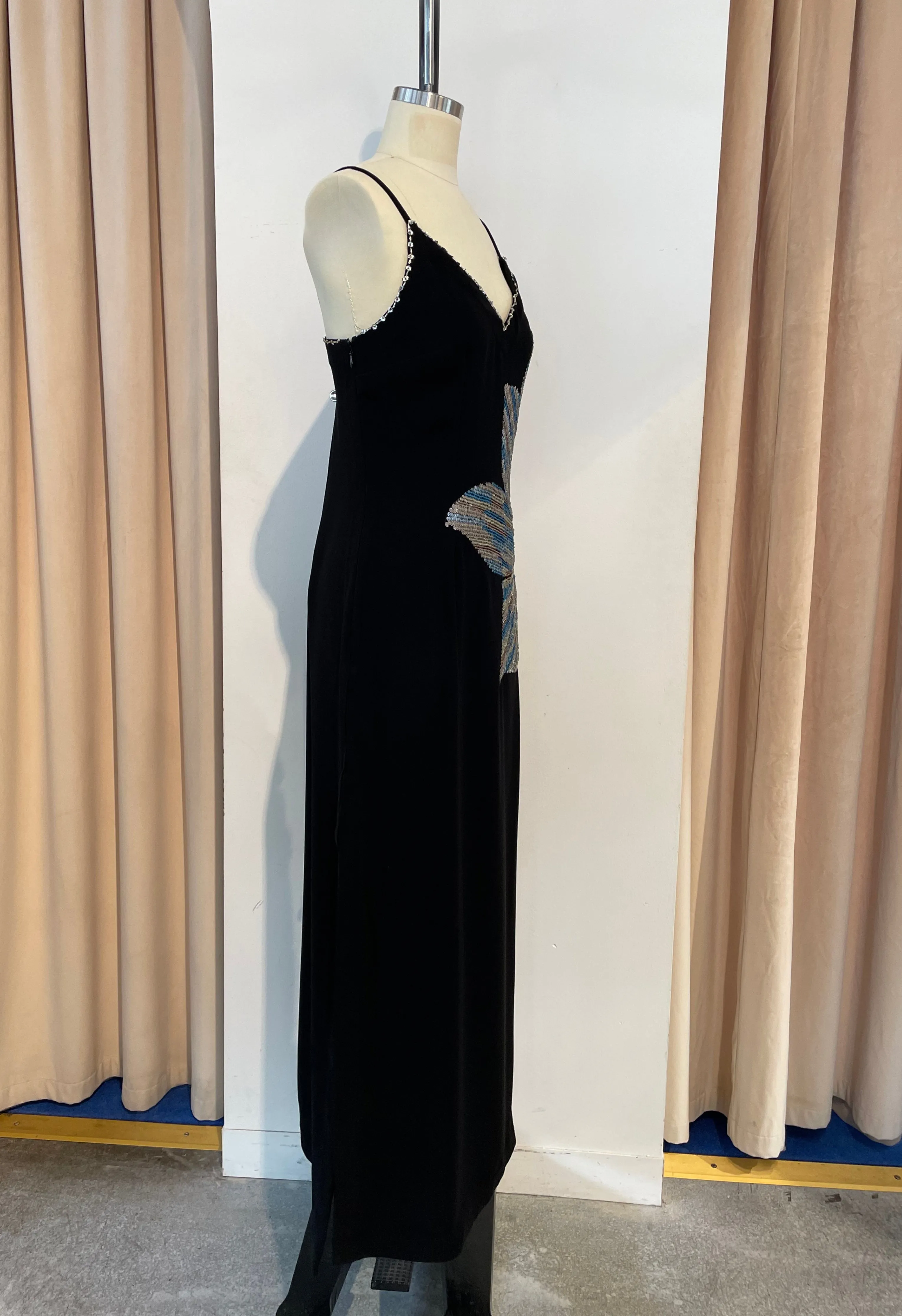 Side Floral Long Black Dress