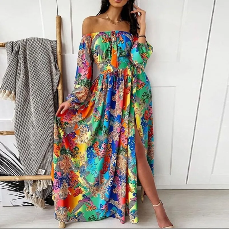 Slash Neck Boho Maxi Dress