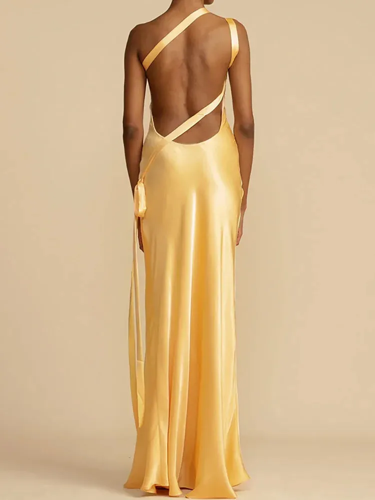 Sleeveless Party Dress, Summer Skew Collar Maxi Dress New Fashion Patchwork Backless Elegant Wedding Guest Dress