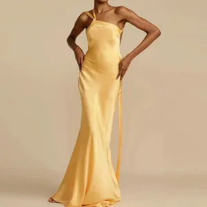 Sleeveless Party Dress, Summer Skew Collar Maxi Dress New Fashion Patchwork Backless Elegant Wedding Guest Dress