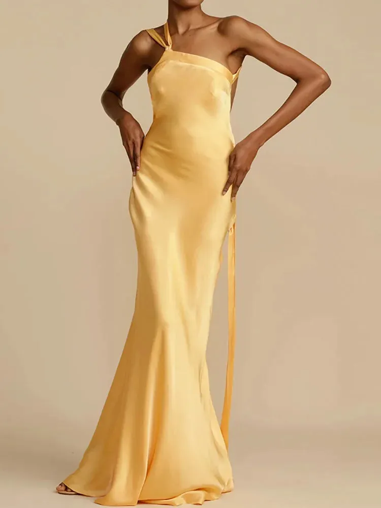Sleeveless Party Dress, Summer Skew Collar Maxi Dress New Fashion Patchwork Backless Elegant Wedding Guest Dress