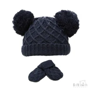 SMALL NAVY 'DIAMOND' KNIT POM-POM HAT & MITTEN SET: H624-N-SM