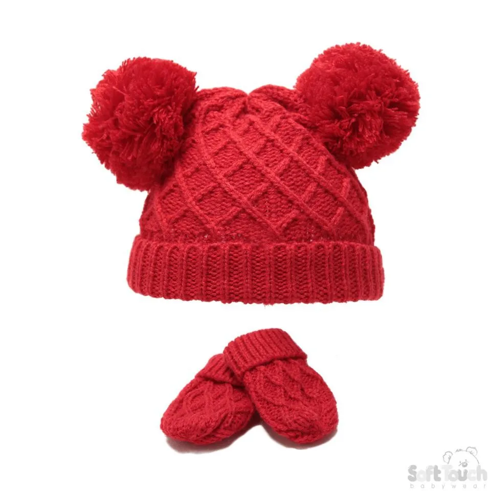 SMALL RED 'DIAMOND' KNIT POM-POM HAT & MITTEN SET: H624-R-SM