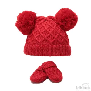 SMALL RED 'DIAMOND' KNIT POM-POM HAT & MITTEN SET: H624-R-SM