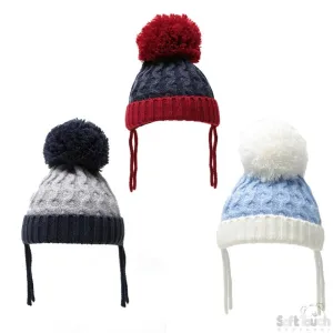 SMALL RIBBED AND CABLE KNIT POM POM HAT W/TIE: H626-SM