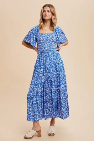SMOCKED FLORAL SQUARE NECK MAXI DRESS