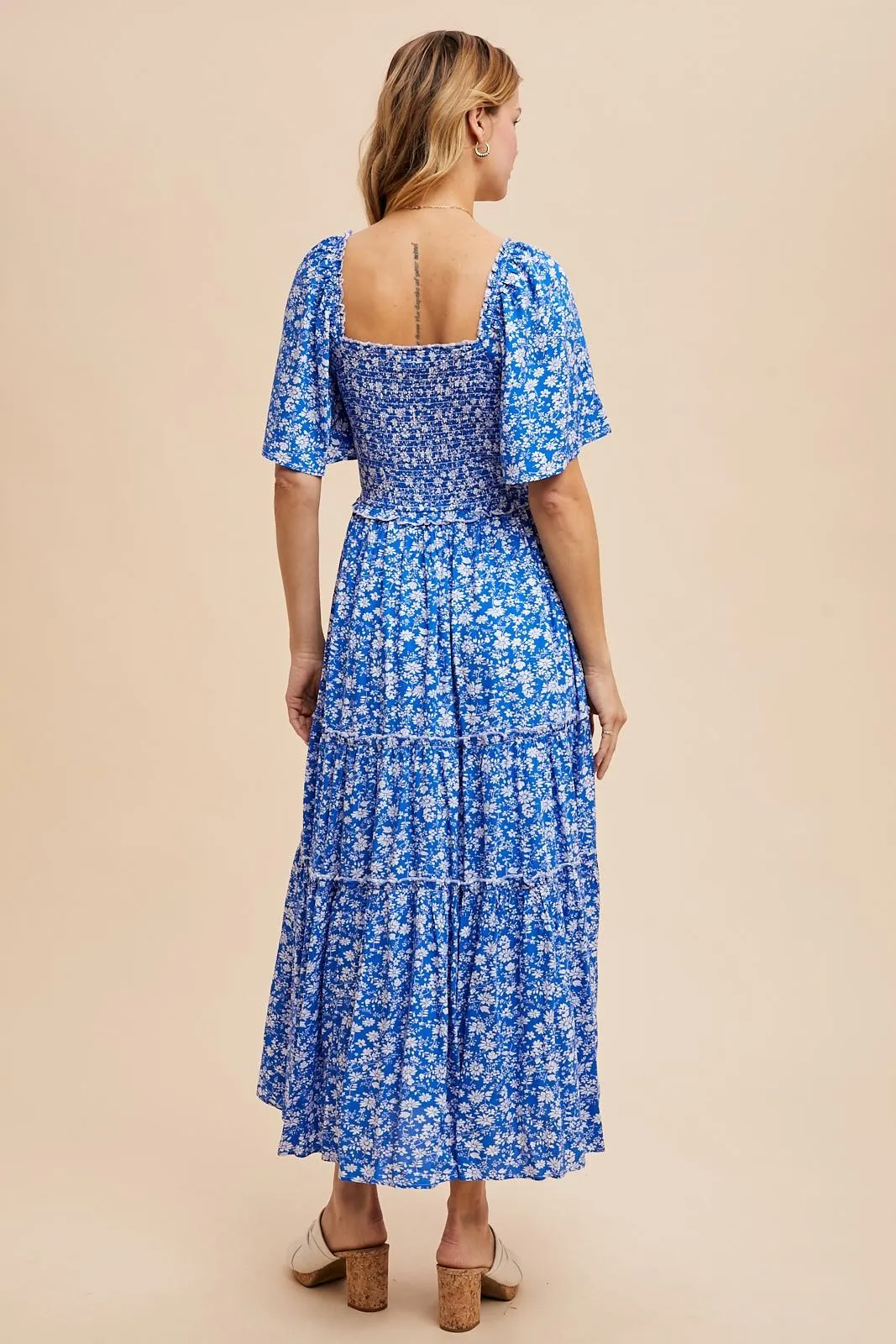 SMOCKED FLORAL SQUARE NECK MAXI DRESS