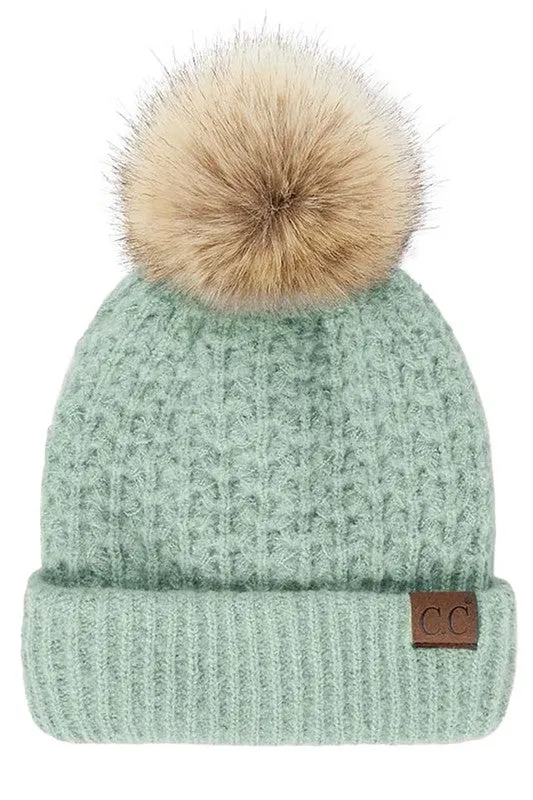 Smocked Stitch CC Beanie Hat with Pom