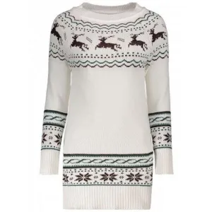Snowflake and Elk Printed Christmas Sweater Dress - White One Size(fit Size Xs To M)
