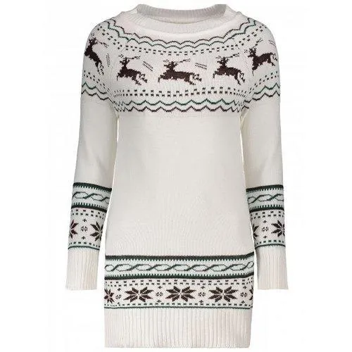 Snowflake and Elk Printed Christmas Sweater Dress - White One Size(fit Size Xs To M)