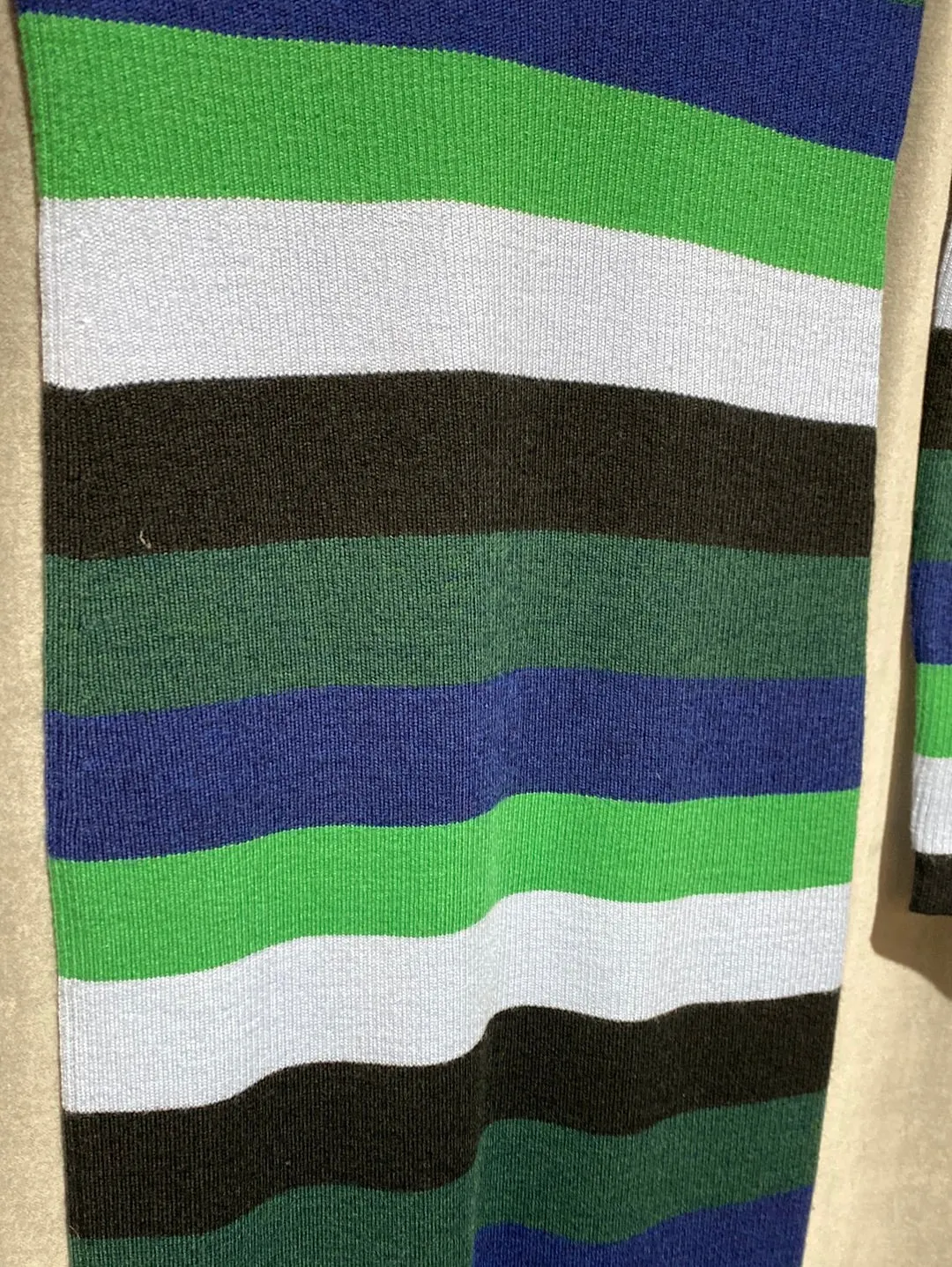 STAUD Ribbed Horizontal Striped Turtleneck Sweater Dress Green, Blue and Black Midi Dress