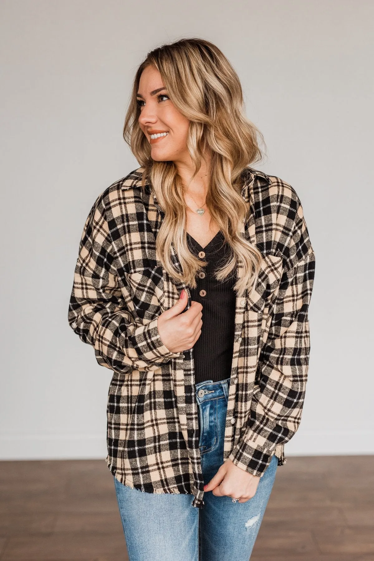 Staying In Love Frayed Flannel- Black & Beige