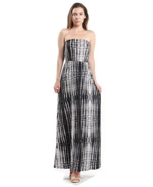 Strapless Tie Dye Maxi Dress Black White Gray Tie Dye