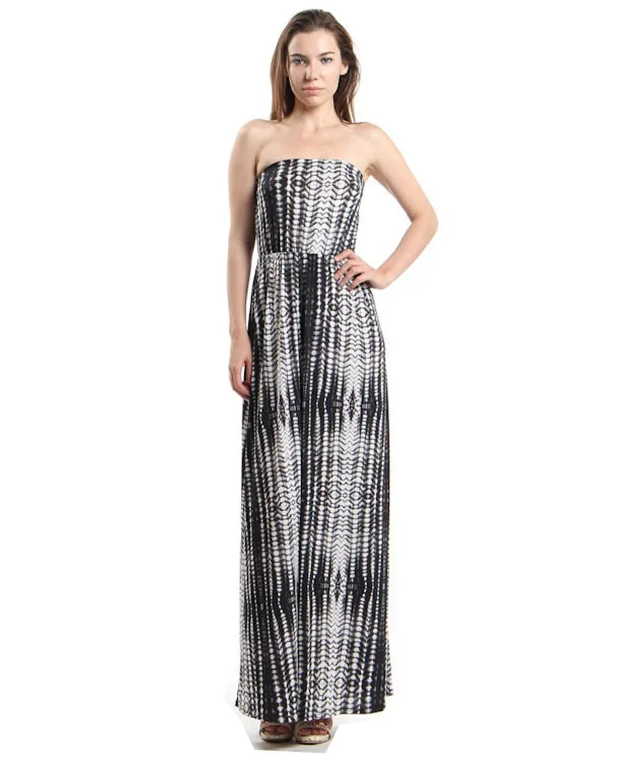 Strapless Tie Dye Maxi Dress Black White Gray Tie Dye