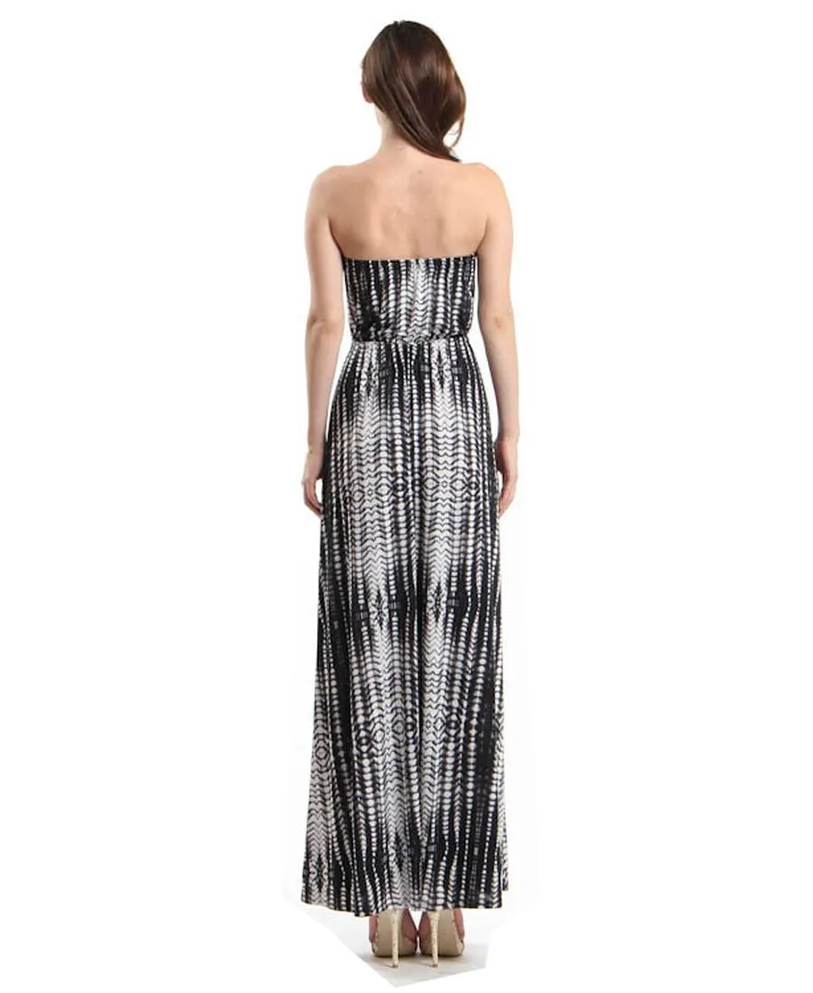 Strapless Tie Dye Maxi Dress Black White Gray Tie Dye