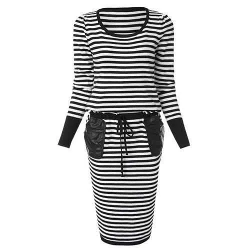 Stylish Long Sleeves Striped Drawstring Pocket Splicing Sweater Dress For Women - Black One Size(fit Size Xs To M)
