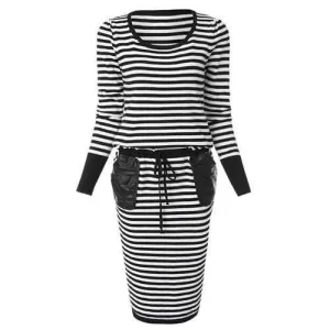 Stylish Long Sleeves Striped Drawstring Pocket Splicing Sweater Dress For Women - Black One Size(fit Size Xs To M)