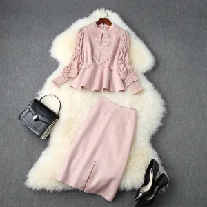 Suede Velvet Splicing Net Yarn Elastic Waist Tops Bodycon Split Skirt Two-piece Set