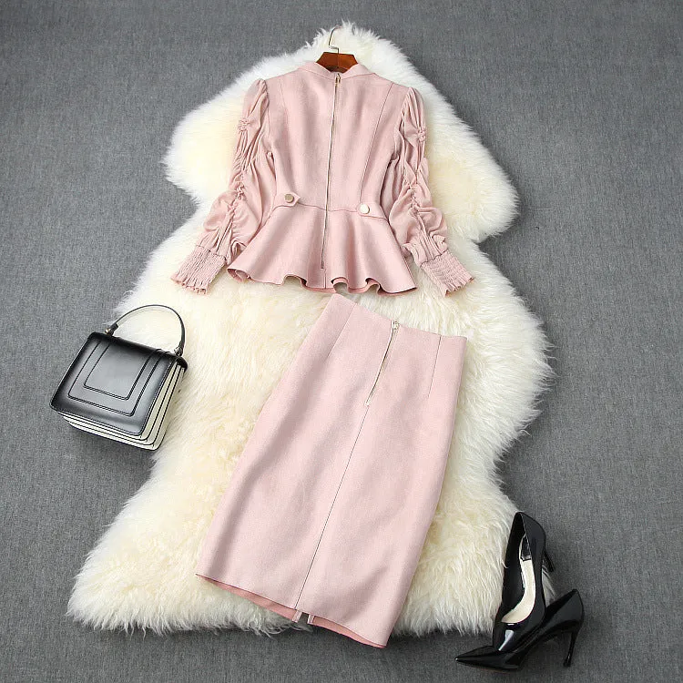 Suede Velvet Splicing Net Yarn Elastic Waist Tops Bodycon Split Skirt Two-piece Set