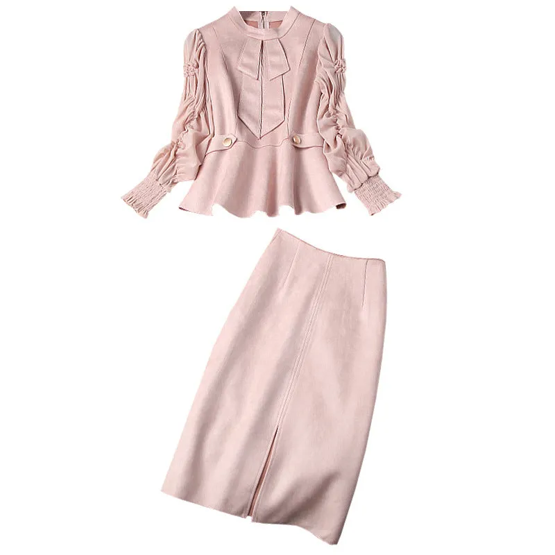 Suede Velvet Splicing Net Yarn Elastic Waist Tops Bodycon Split Skirt Two-piece Set