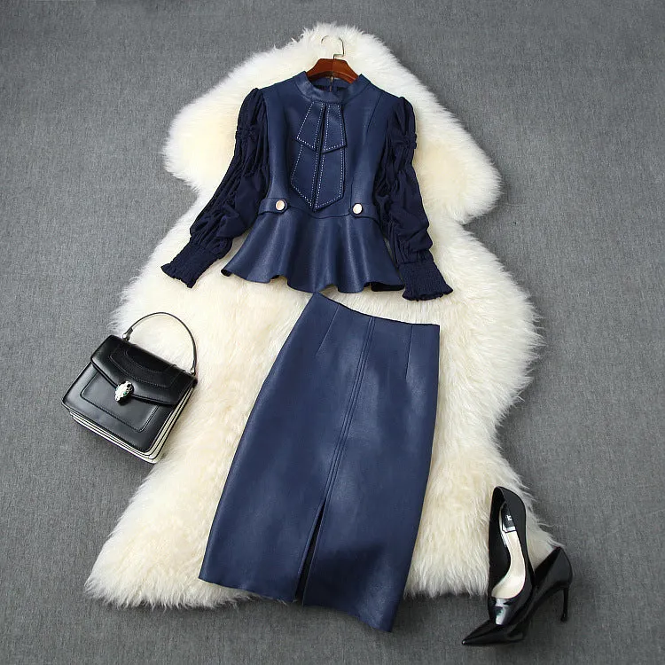 Suede Velvet Splicing Net Yarn Elastic Waist Tops Bodycon Split Skirt Two-piece Set