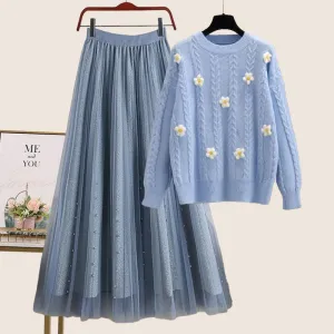 Sweater   Mesh Skirt Two-piece Set UB99248