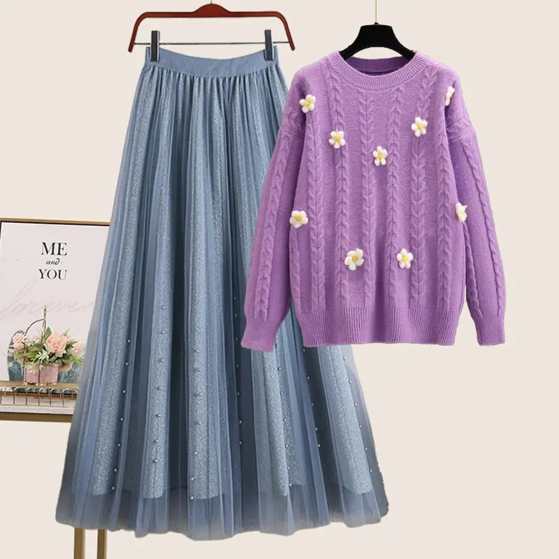Sweater   Mesh Skirt Two-piece Set UB99248