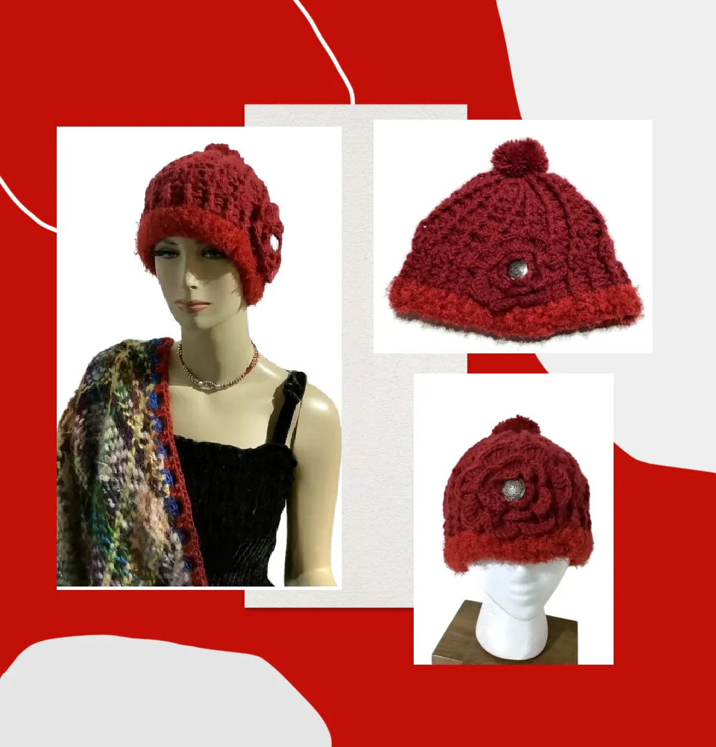 THE RED ALPACA HAT, crochet beanie hat, woman's size 23.5, for cold weather, for her, valentine's day gift