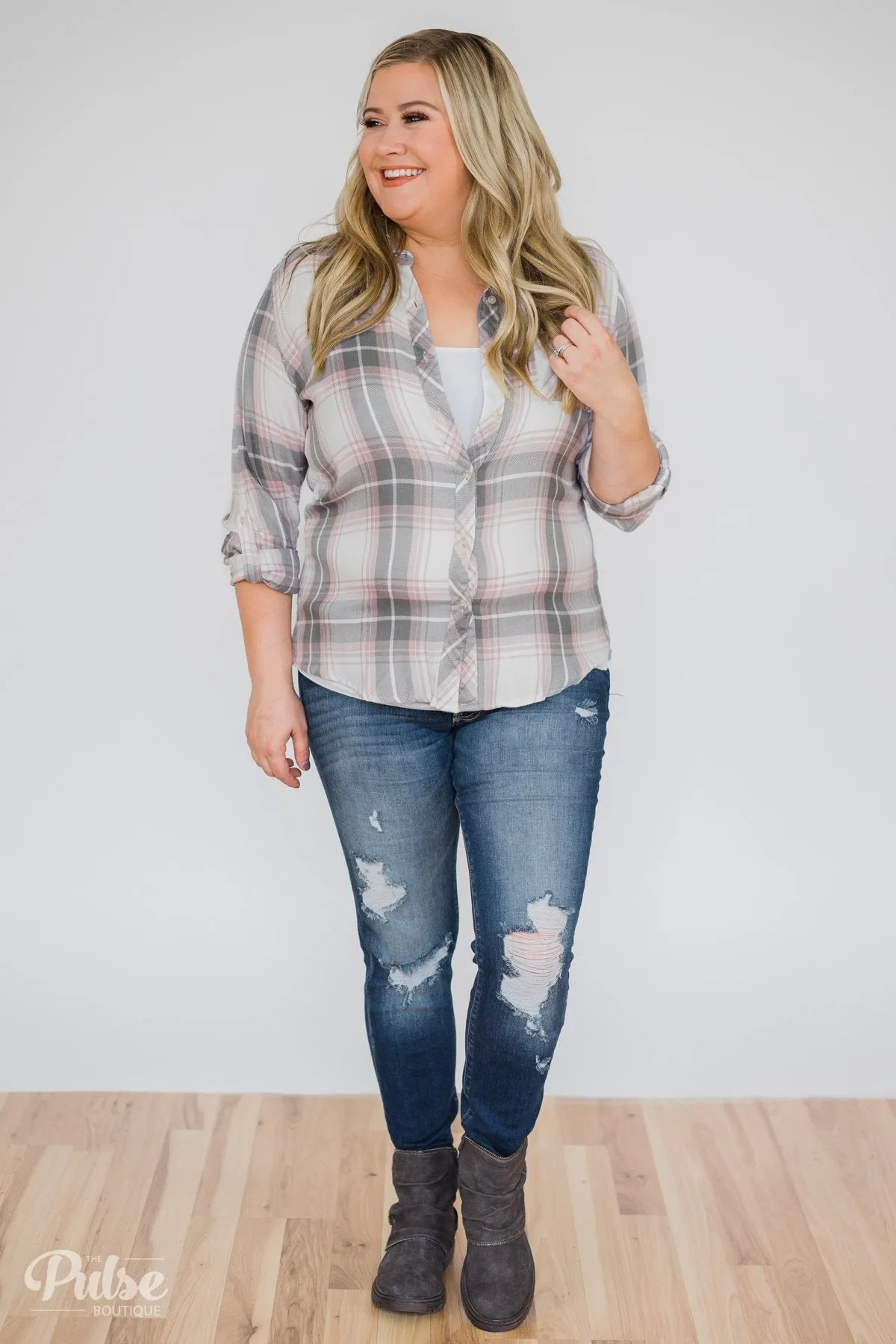 Thread & Supply Classy Plaid Top- Pink & Grey