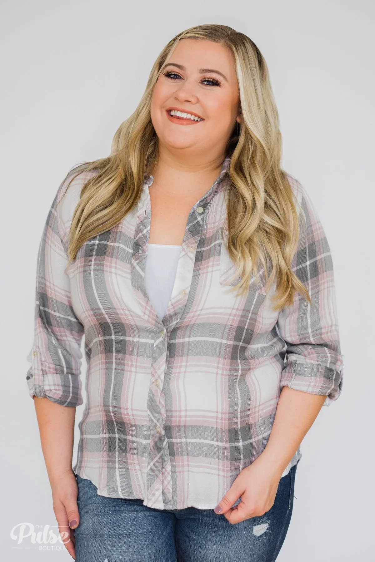 Thread & Supply Classy Plaid Top- Pink & Grey