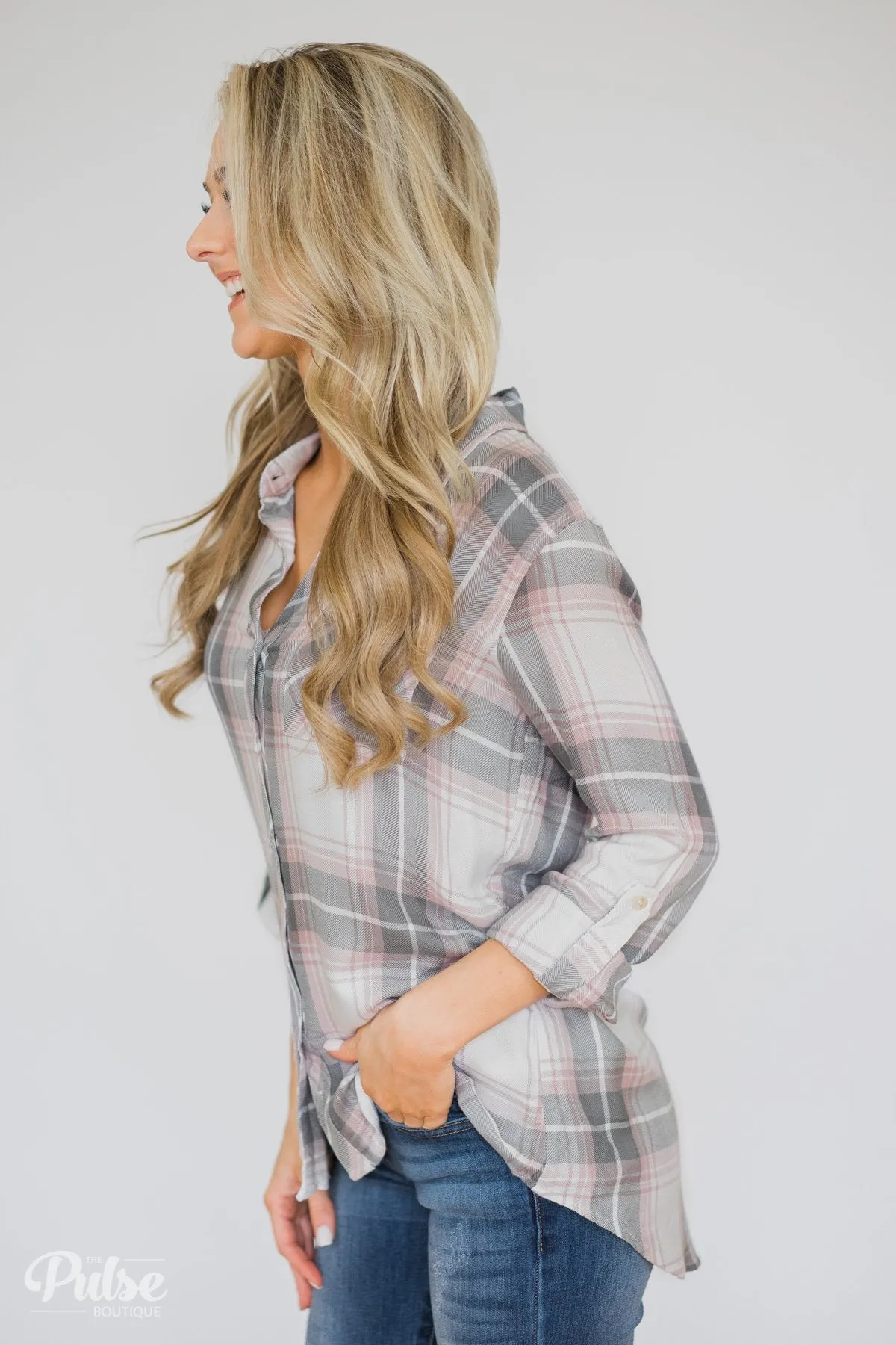 Thread & Supply Classy Plaid Top- Pink & Grey