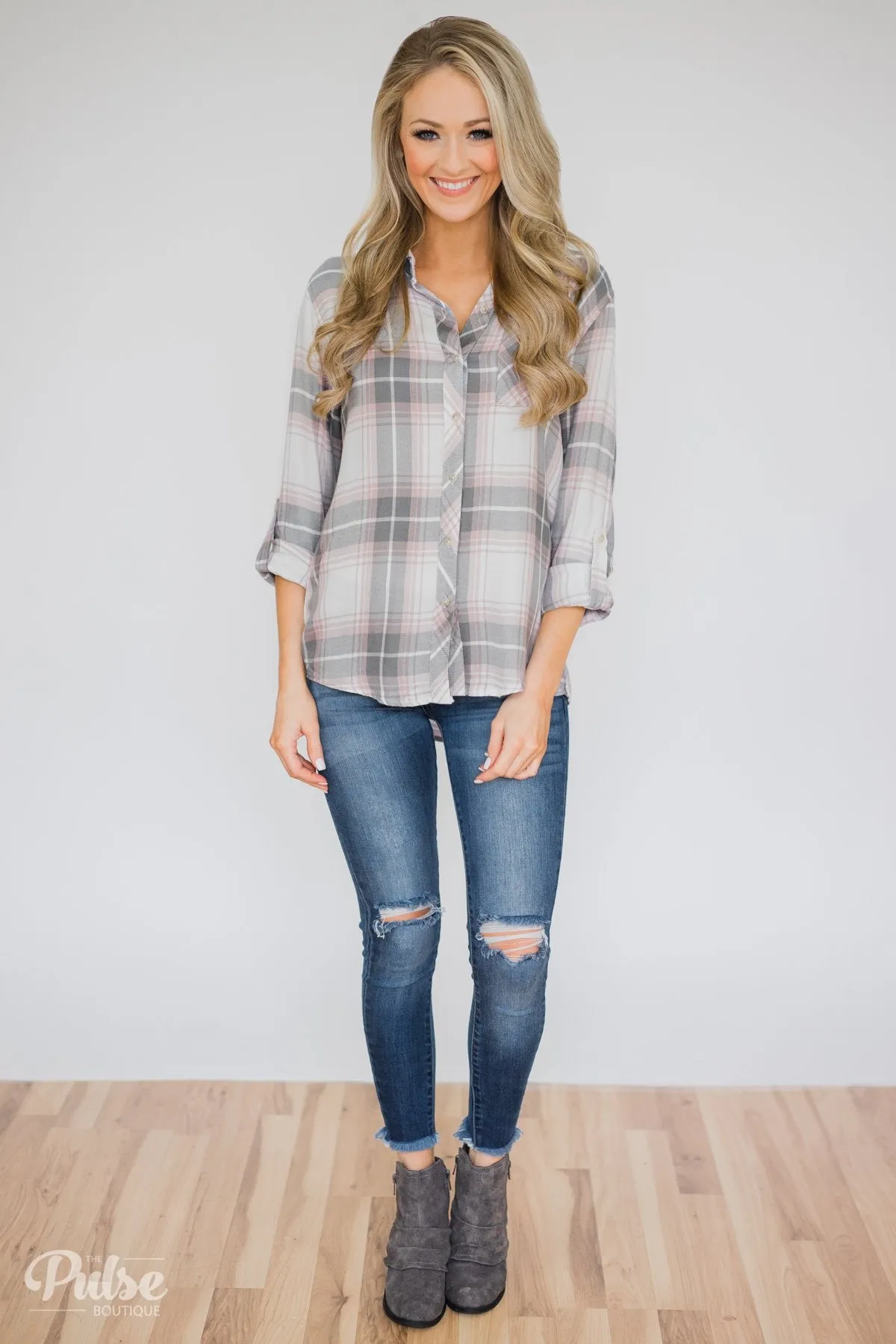 Thread & Supply Classy Plaid Top- Pink & Grey