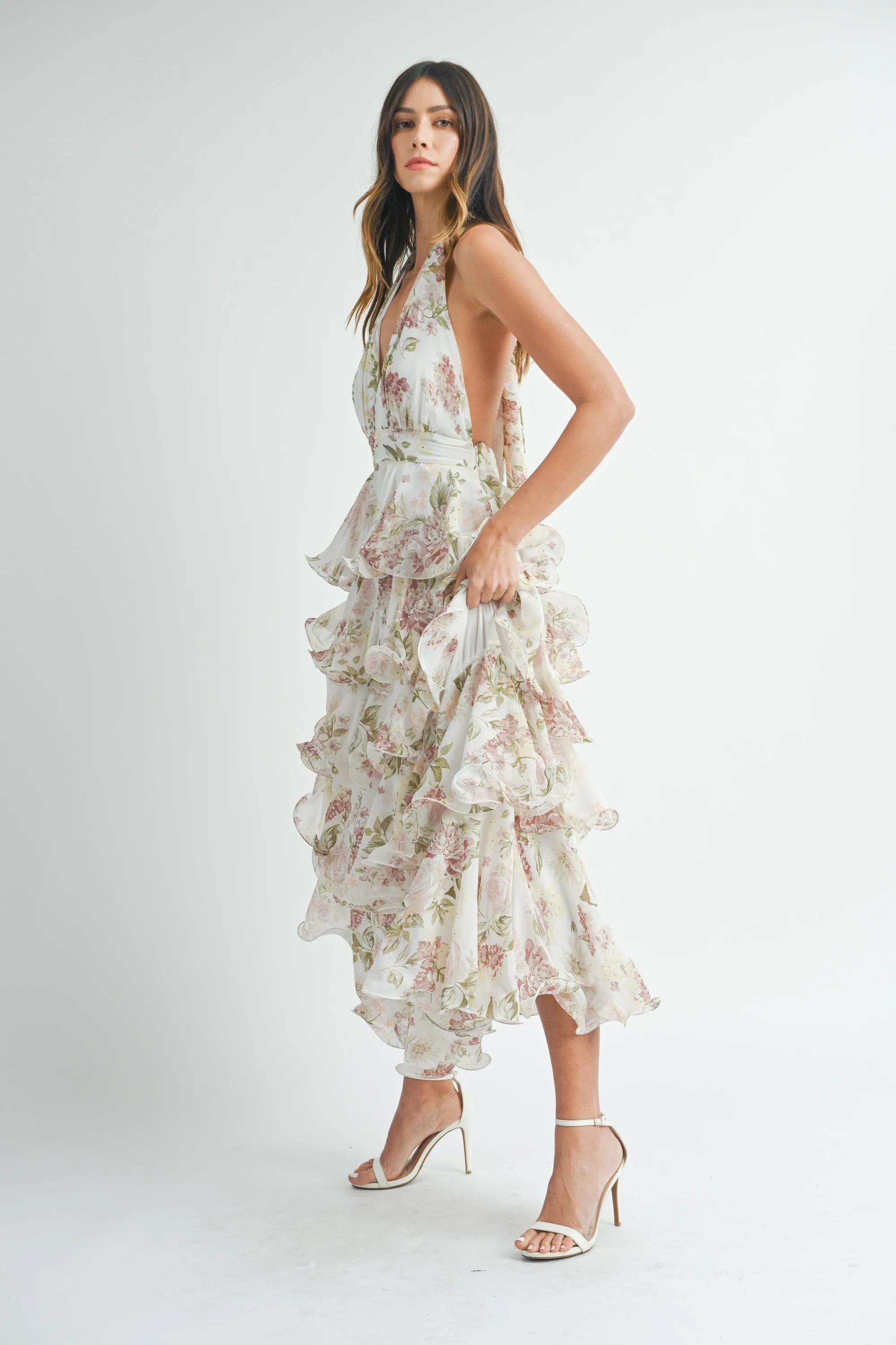 TIERED HALTERNECK FLORAL MAXI DRESS