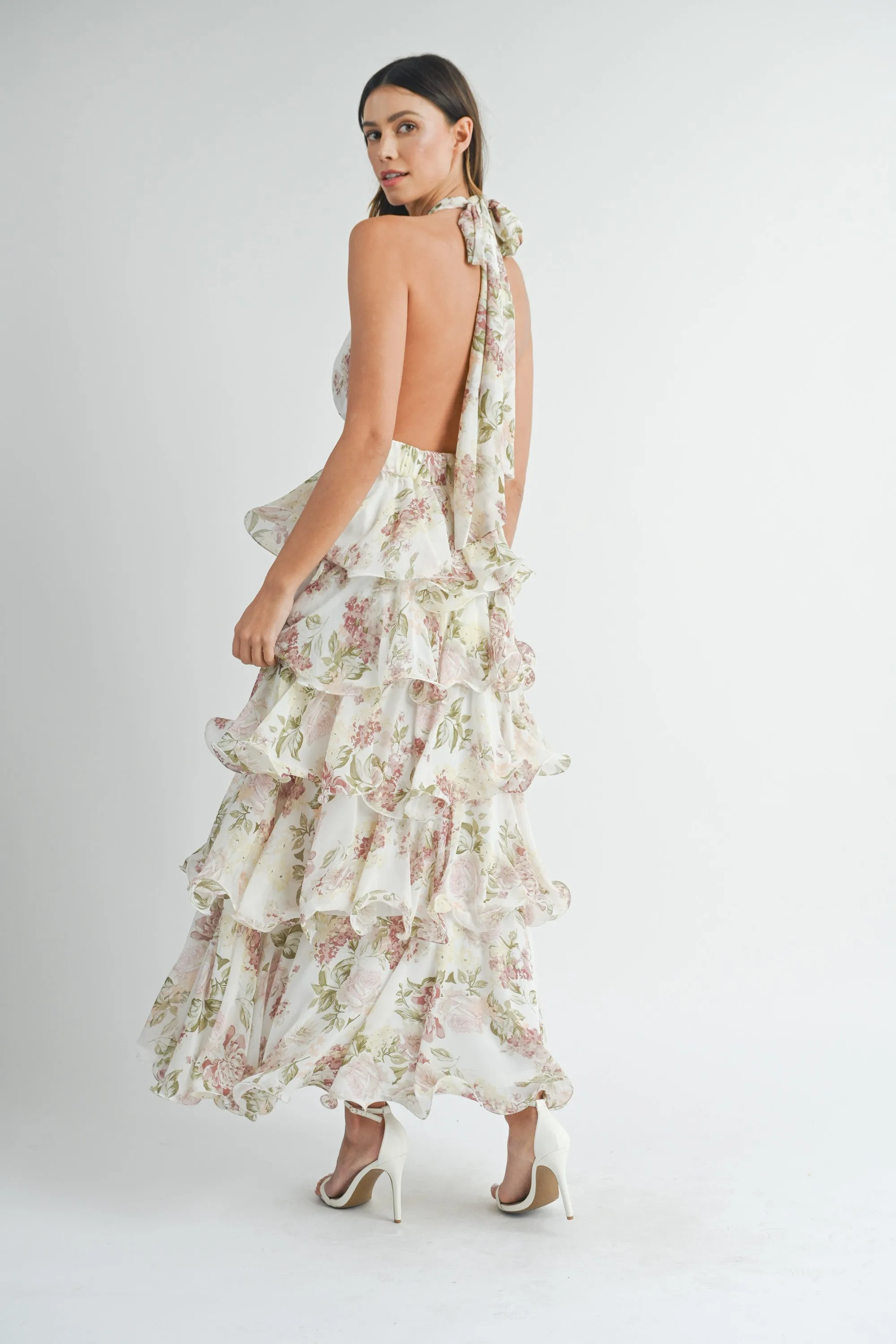 TIERED HALTERNECK FLORAL MAXI DRESS