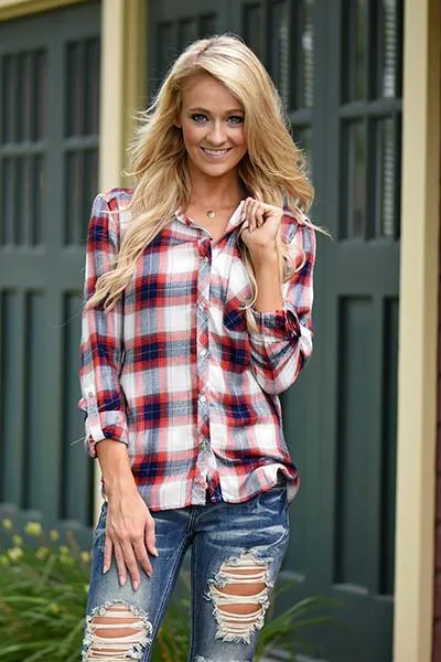 Traditional Orange & Navy Flannel Top