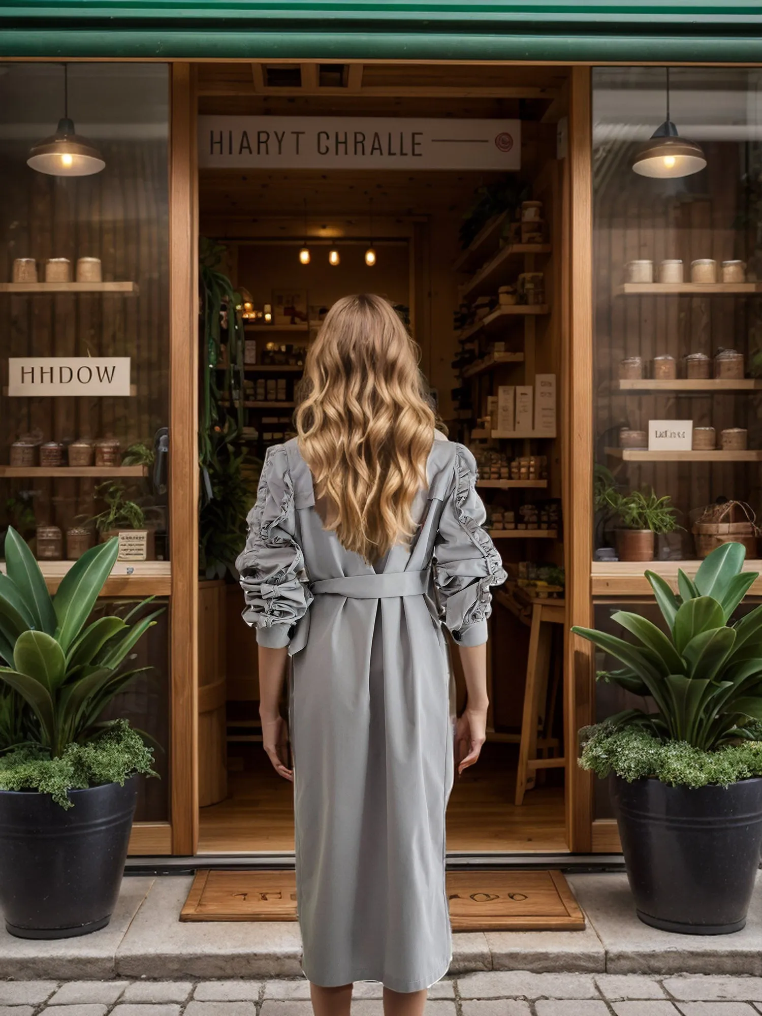 Trendy Ruched Puff Sleeve Trench Coat: Double-breasted with Waist Belt