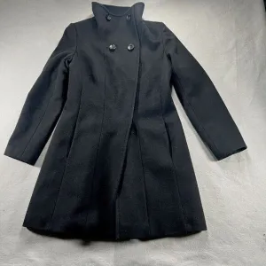 Trina Turk Pea Coat Womens 4 Black Lambswool Double Breasted Mock Neck Trench