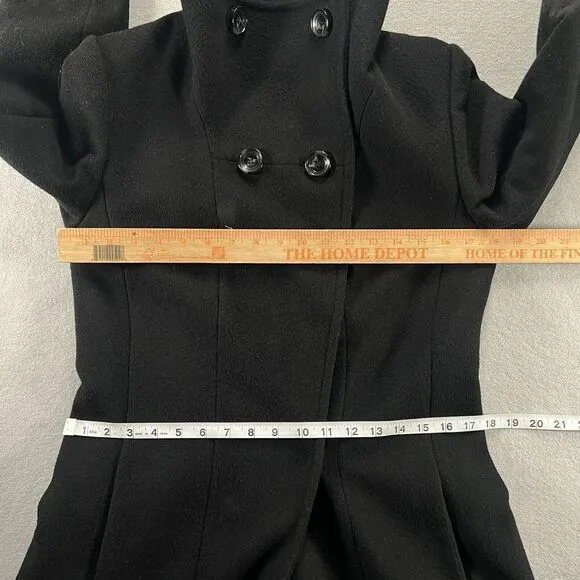 Trina Turk Pea Coat Womens 4 Black Lambswool Double Breasted Mock Neck Trench