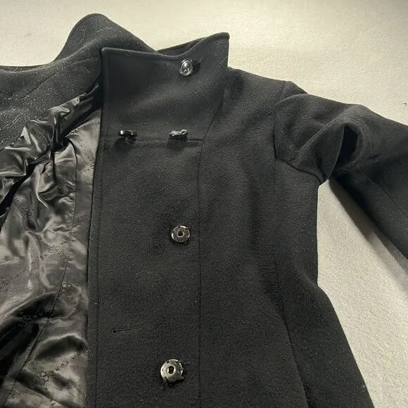 Trina Turk Pea Coat Womens 4 Black Lambswool Double Breasted Mock Neck Trench