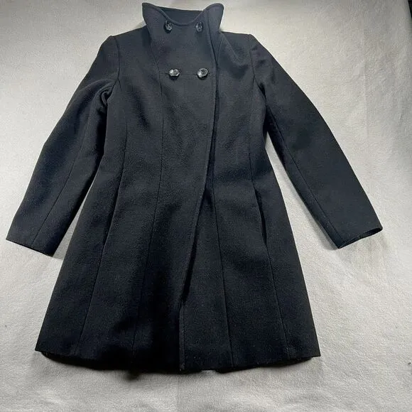 Trina Turk Pea Coat Womens 4 Black Lambswool Double Breasted Mock Neck Trench