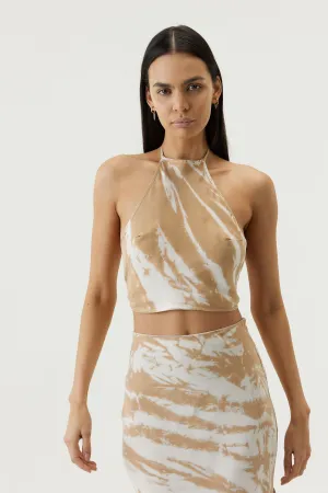 TWIST THROUGH BIAS HALTER TOP | TAN TIE DYE