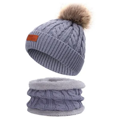 Two pieces Hat Scarf Set Beanie Cap Children's Hats Girls Caps Ball Pompon Knitted Hat