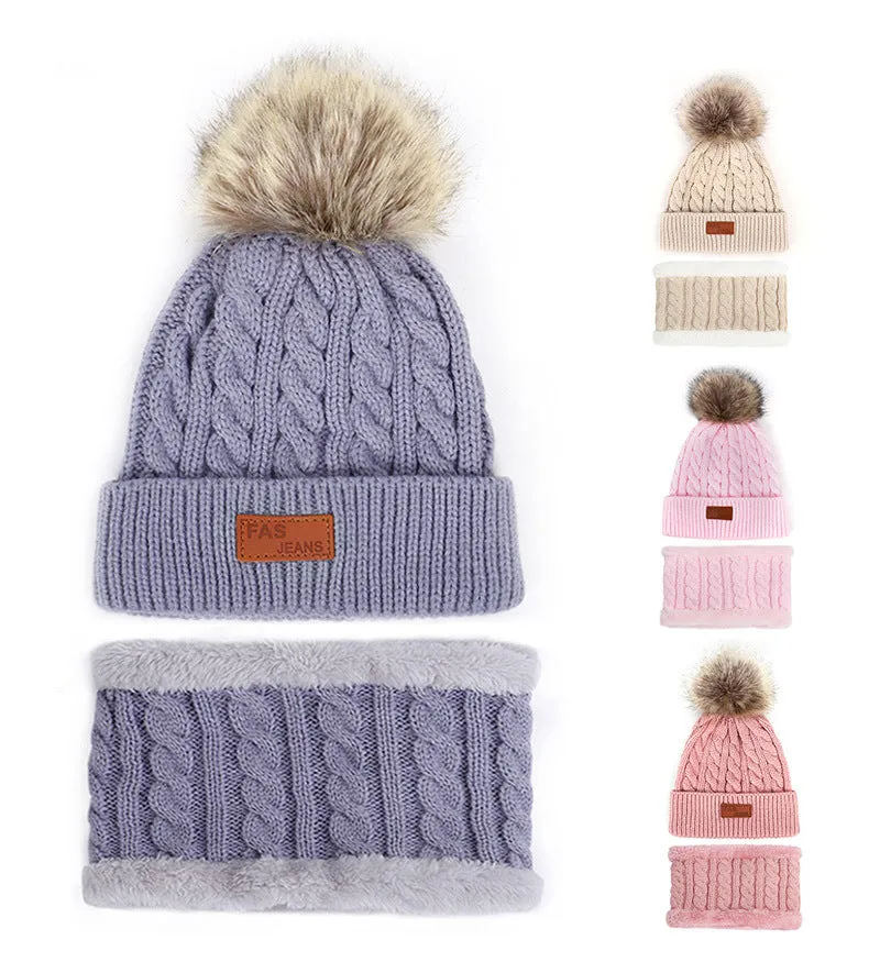 Two pieces Hat Scarf Set Beanie Cap Children's Hats Girls Caps Ball Pompon Knitted Hat