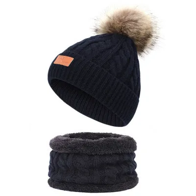 Two pieces Hat Scarf Set Beanie Cap Children's Hats Girls Caps Ball Pompon Knitted Hat