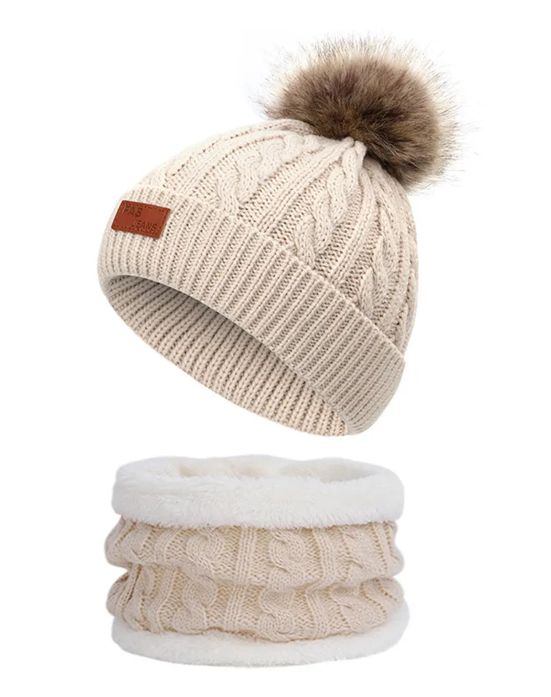 Two pieces Hat Scarf Set Beanie Cap Children's Hats Girls Caps Ball Pompon Knitted Hat