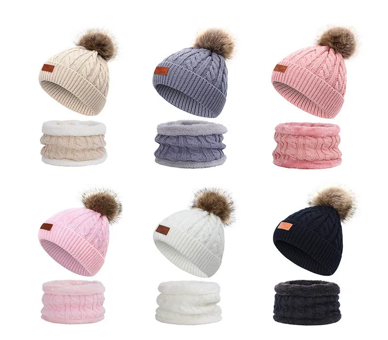 Two pieces Hat Scarf Set Beanie Cap Children's Hats Girls Caps Ball Pompon Knitted Hat