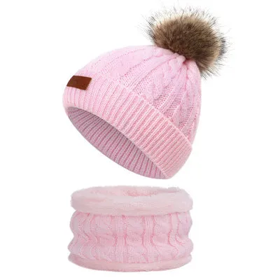 Two pieces Hat Scarf Set Beanie Cap Children's Hats Girls Caps Ball Pompon Knitted Hat