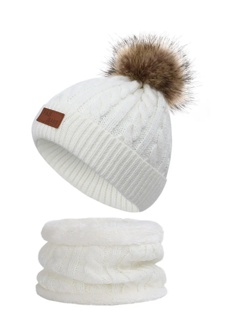 Two pieces Hat Scarf Set Beanie Cap Children's Hats Girls Caps Ball Pompon Knitted Hat